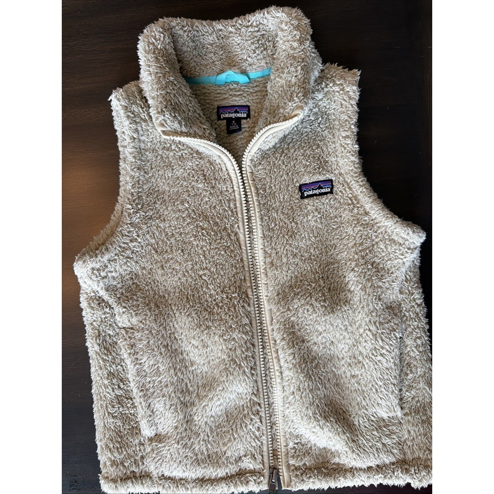 Patagonia Kids Los Gatos Fleece Vest Beige Tan Zip Up Girls Small 7-8 STY65490